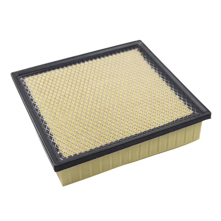 Car air filter element showing pleated tan filter media under black bezel