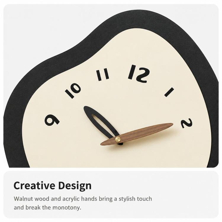 Irregular wall clock face with black frame, cream dial, and walnut plus black hands