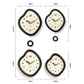 Set of irregular black wall clocks with cream dials and walnut hands, shown with dimensions