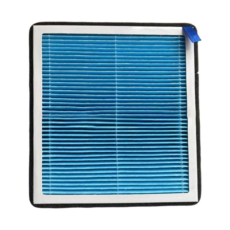 Blue pleated cabin air filter media in a square frame with blue tab