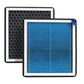 Two cabin air filters stacked: dark patterned backing and blue pleated front