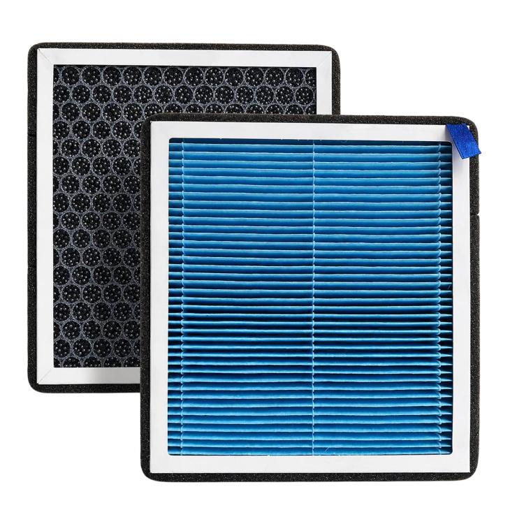 Two cabin air filters stacked: dark patterned backing and blue pleated front