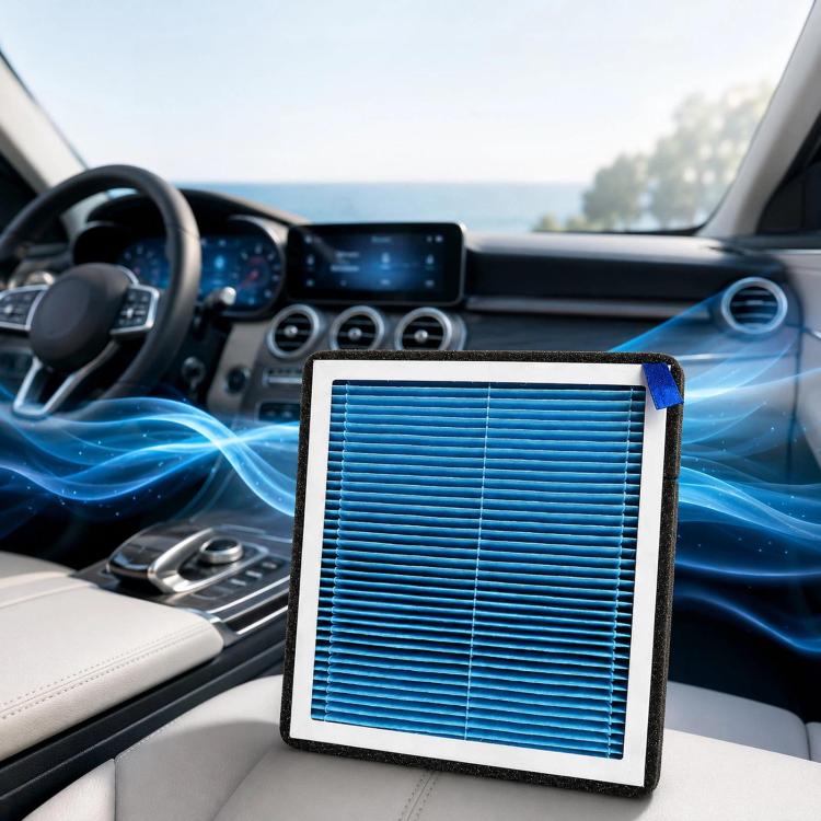 Blue pleated cabin air filter insert with frame and blue corner tab