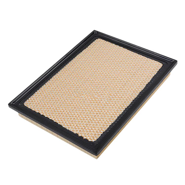 Air filter element with fine mesh-style filter media inside black plastic housing