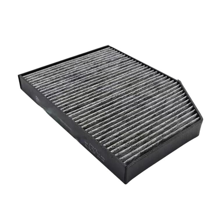 Cabin air filter with gray pleated media and dark housing frame