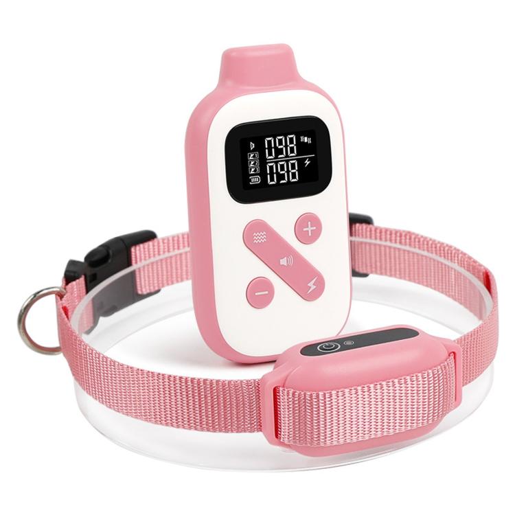 Pink dog training collar set with touchscreen remote and adjustable fabric strap
