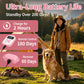 Pink dog training remote and pink fabric collar on golden retriever
