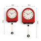 Red arched wall clock with cream face, black numerals, and pendulum weights
