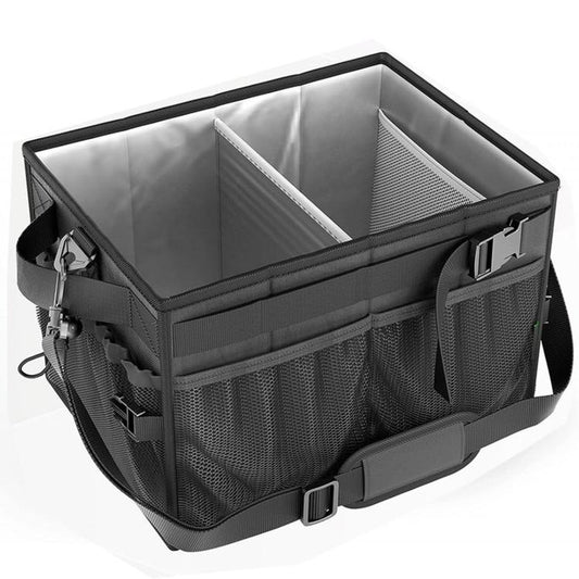 Open outdoor grill storage bag with insulated interior and mesh side pockets