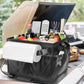 Open outdoor grill storage bag on a grill cart with utensils and condiment compartments