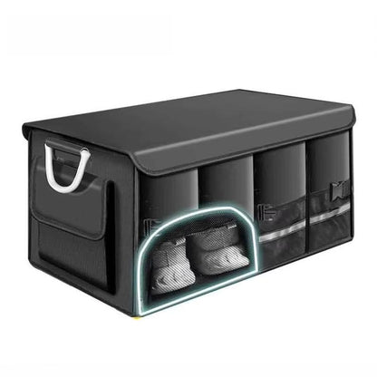 Black car trunk storage box with front shoe slots and side carry handles