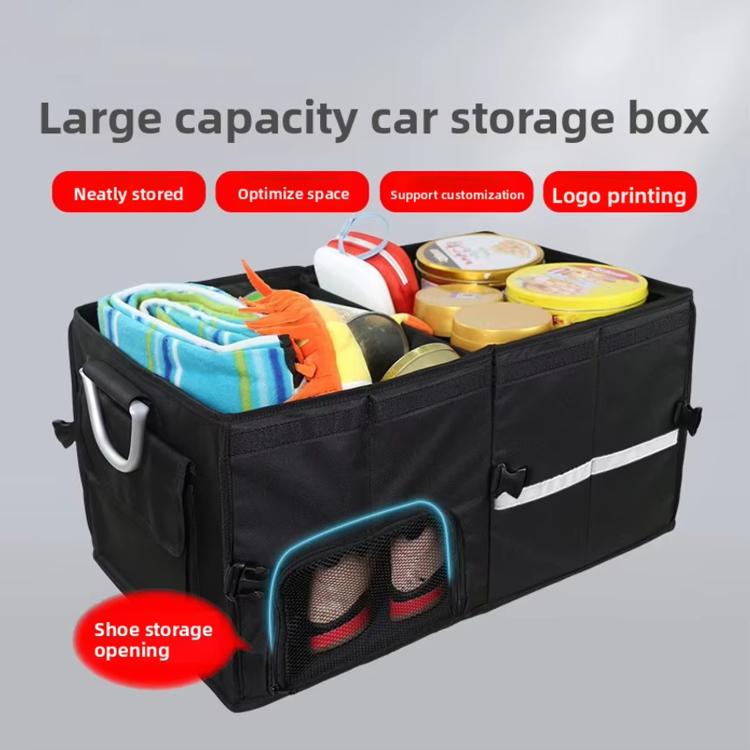 Black trunk storage box with shoe-opening mesh pocket and multiple interior compartments