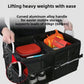 Black storage box with sturdy carry handle and separate interior compartments