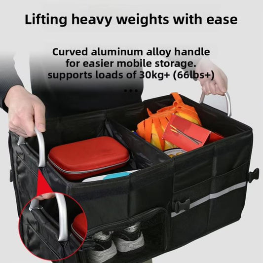 Black storage box with sturdy carry handle and separate interior compartments