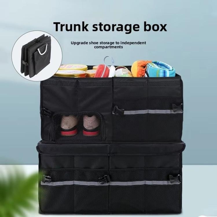 Black trunk storage box with front mesh shoe pocket and grid-style storage sections