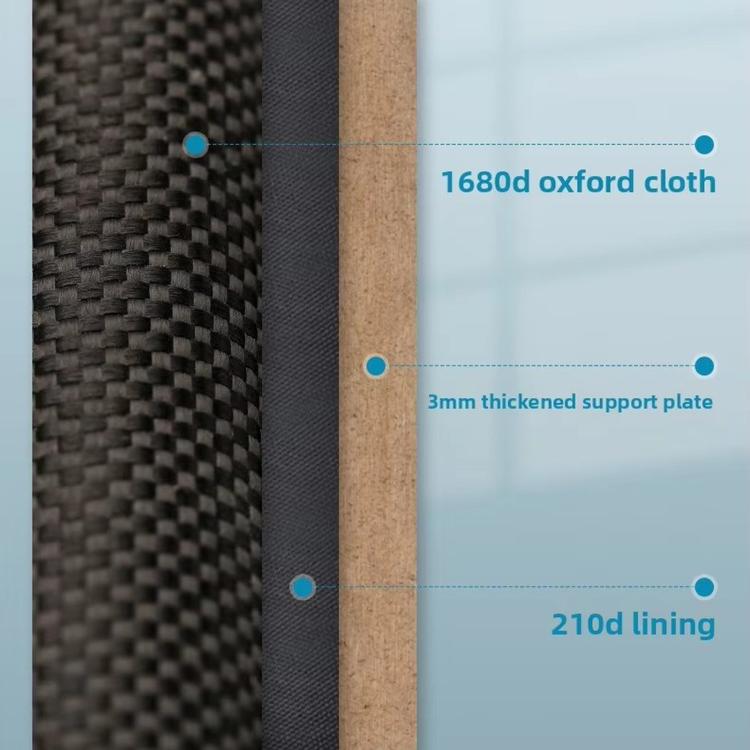 Black woven fabric close-up with reinforced support panel and stitched edges