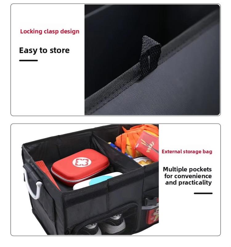 Black trunk storage box with external side storage bag and multiple organizer pockets
