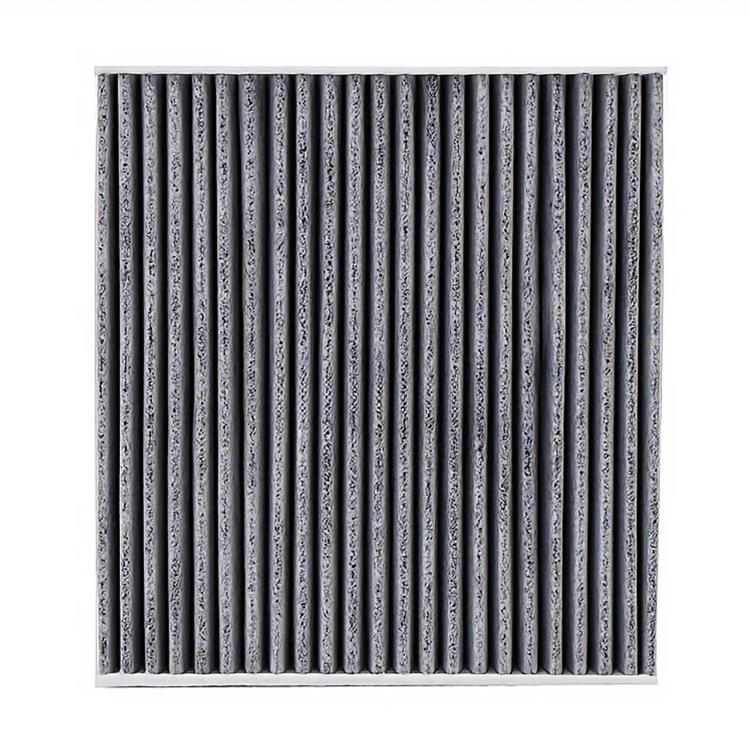 Car air filter element with gray pleated filter media in white frame