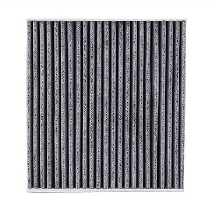 Car air filter element with gray pleated filter media in white frame