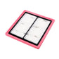 Cabin air filter in red housing with white pleated panels