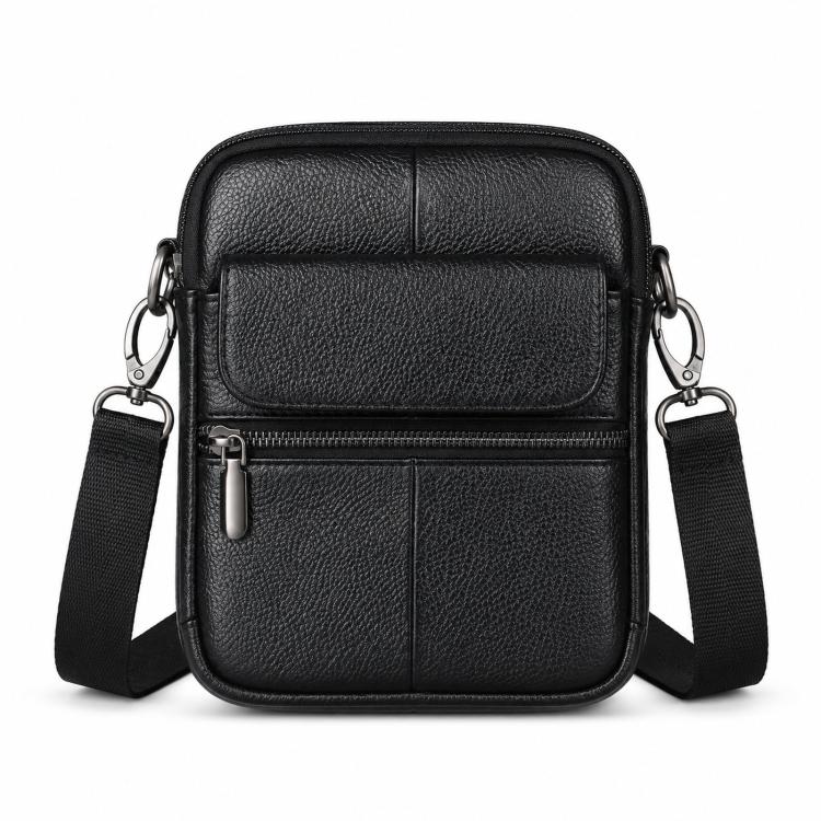 Black pebbled leather crossbody bag with front flap and front zip pocket, wide shoulder strap