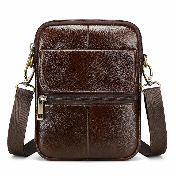 Dark brown vintage leather crossbody bag with front flap cover, top zip pocket, side strap