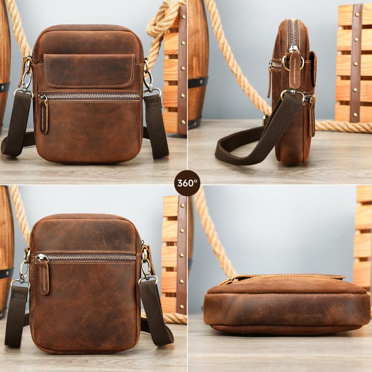 Small brown leather crossbody phone bag with zip top, front flap, and adjustable strap
