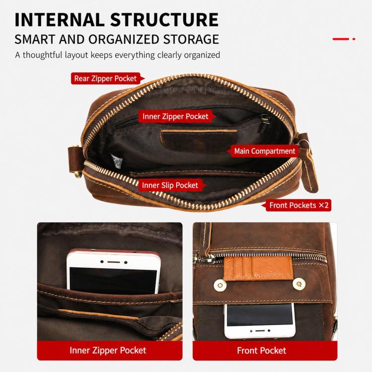 Brown leather crossbody bag interior with main compartment and inner zipper slip pockets
