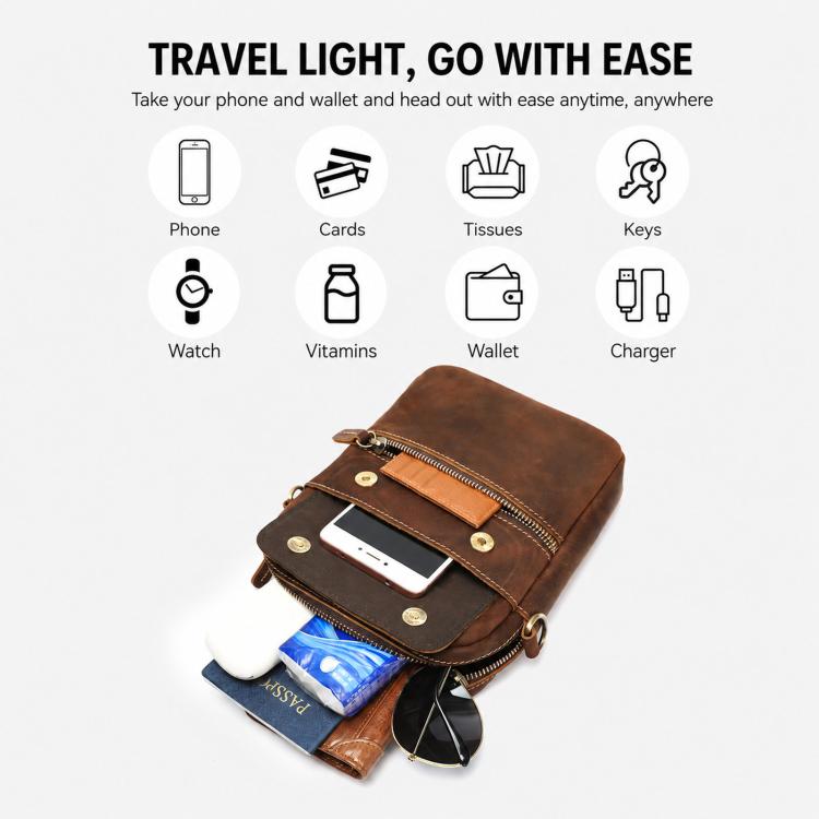 Brown leather crossbody phone pouch with flap closure and front zip pocket, compact size