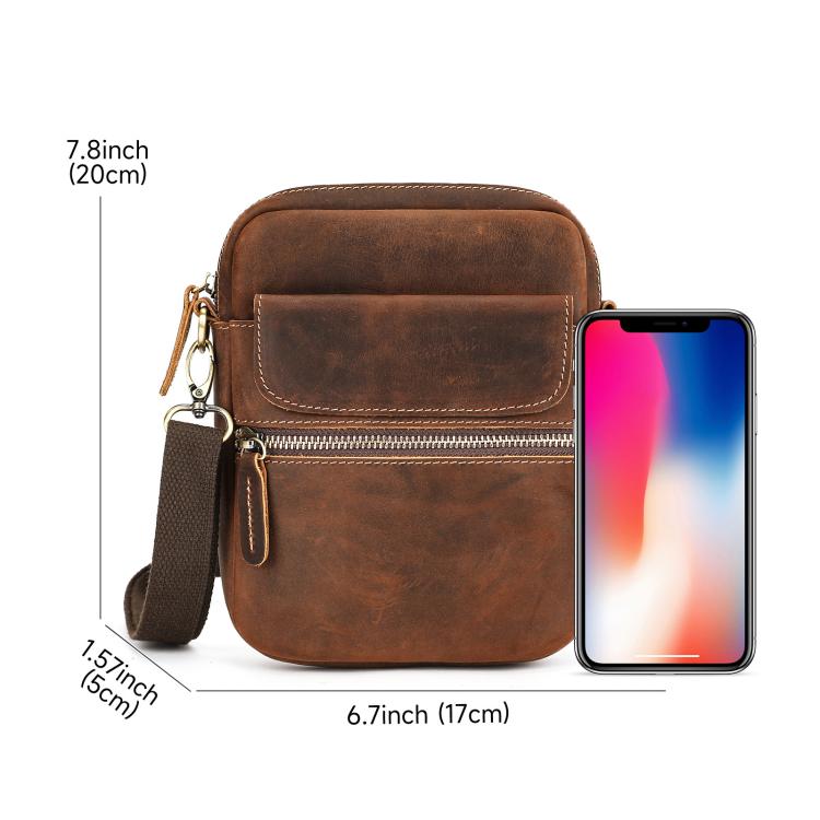 Brown leather crossbody bag with front pocket flap, double zips, fits a smartphone