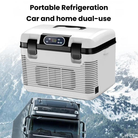White portable dual-use fridge with top handle and front air vent grille.