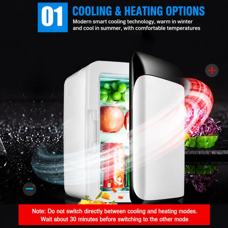 10L mini car fridge cooler in white with black lid open, holding green produce and cans