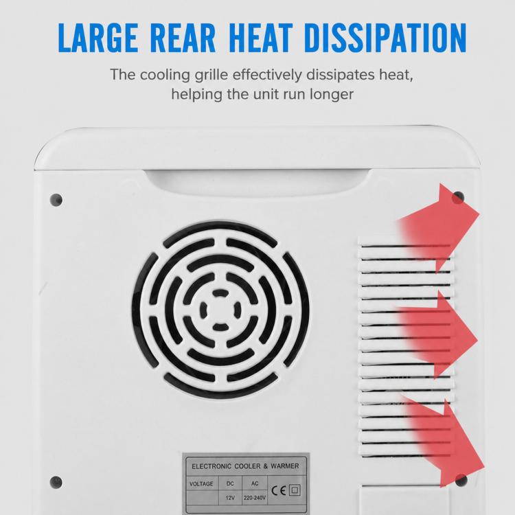 White 10L mini car fridge cooler rear heat vent grille and fan intake