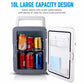 White 10L mini car fridge cooler open to show storage bins and drink cans