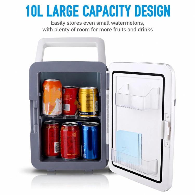 White 10L mini car fridge cooler open to show storage bins and drink cans