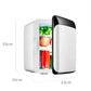 White 10L mini car fridge cooler with black top lid, shown with overall size dimensions