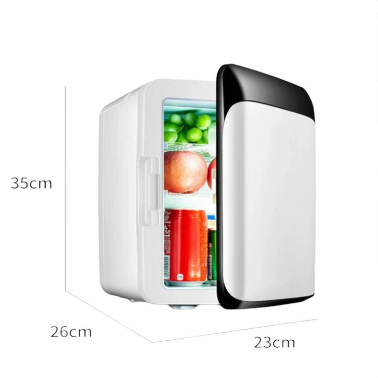 White 10L mini car fridge cooler with black top lid, shown with overall size dimensions