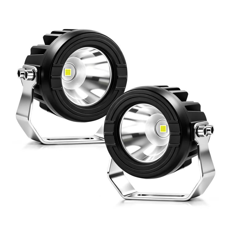 Two black round LED spotlights with silver stands and square adjustment knobs