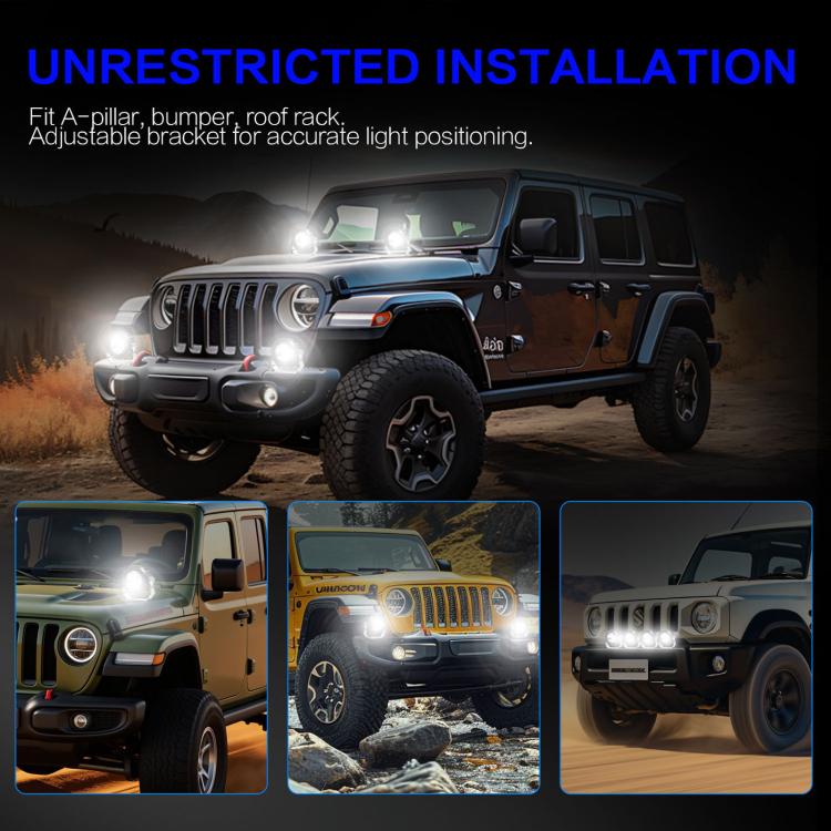 Two round LED spotlights mounted on a vehicle front with silver adjustable brackets