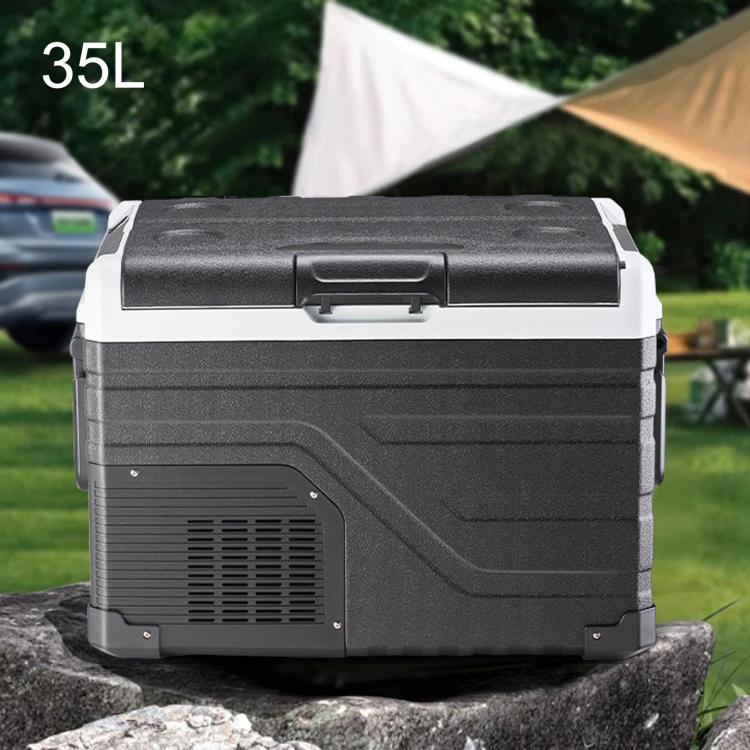 35L portable car refrigerator cooler, black-and-gray with side vent panel and handle.