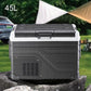 45L portable car refrigerator cooler, black-and-gray with front vent grille and handle.