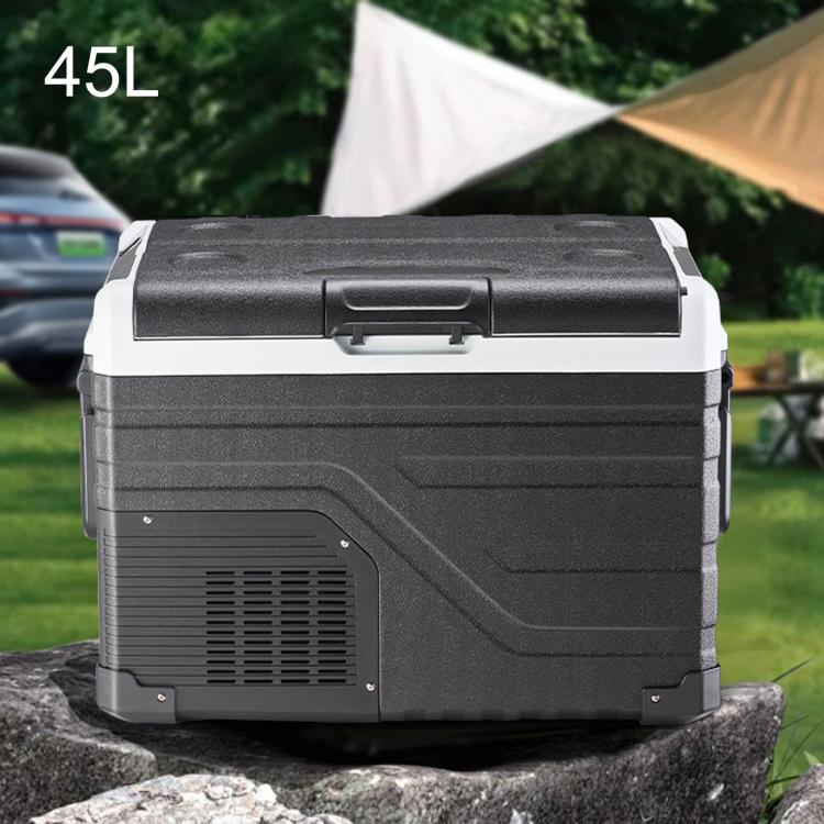 45L portable car refrigerator cooler, black-and-gray with front vent grille and handle.
