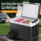 Portable car refrigerator with lid open, showing food inside and side handle.
