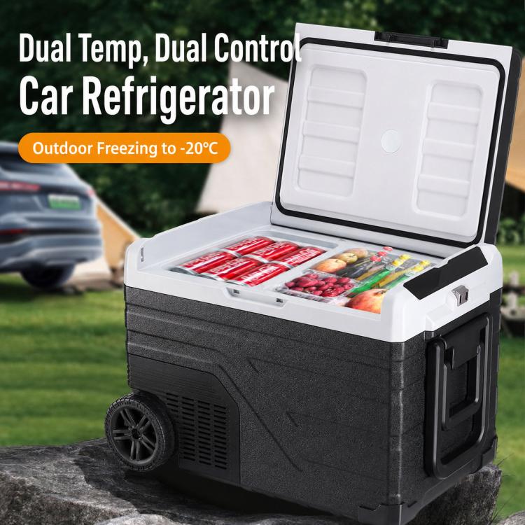 Portable car refrigerator with lid open, showing food inside and side handle.