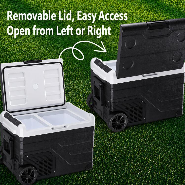 Portable car refrigerator cooler with open lid and removable inner tray, left access.
