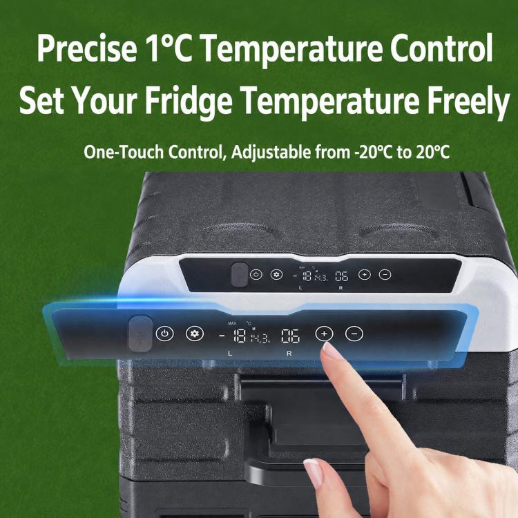 Portable car refrigerator with top control panel and finger pressing temperature buttons.