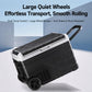 Portable car refrigerator cooler with large rolling wheels and top carry handle, lid closed.