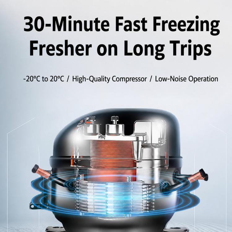 Portable dual-zone car refrigerator with compressor top view, black housing