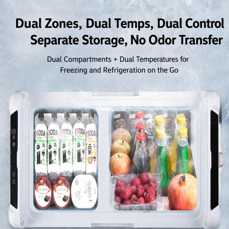 Portable dual-zone car fridge open with two compartments, food and bottles inside