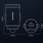 Black USB-C car charger dimension diagram with port view and pull-ring handle